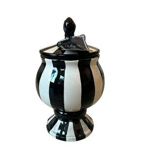 Black & White Striped Ceramic Canister with Lid 10in Chic Designer Decor NEW